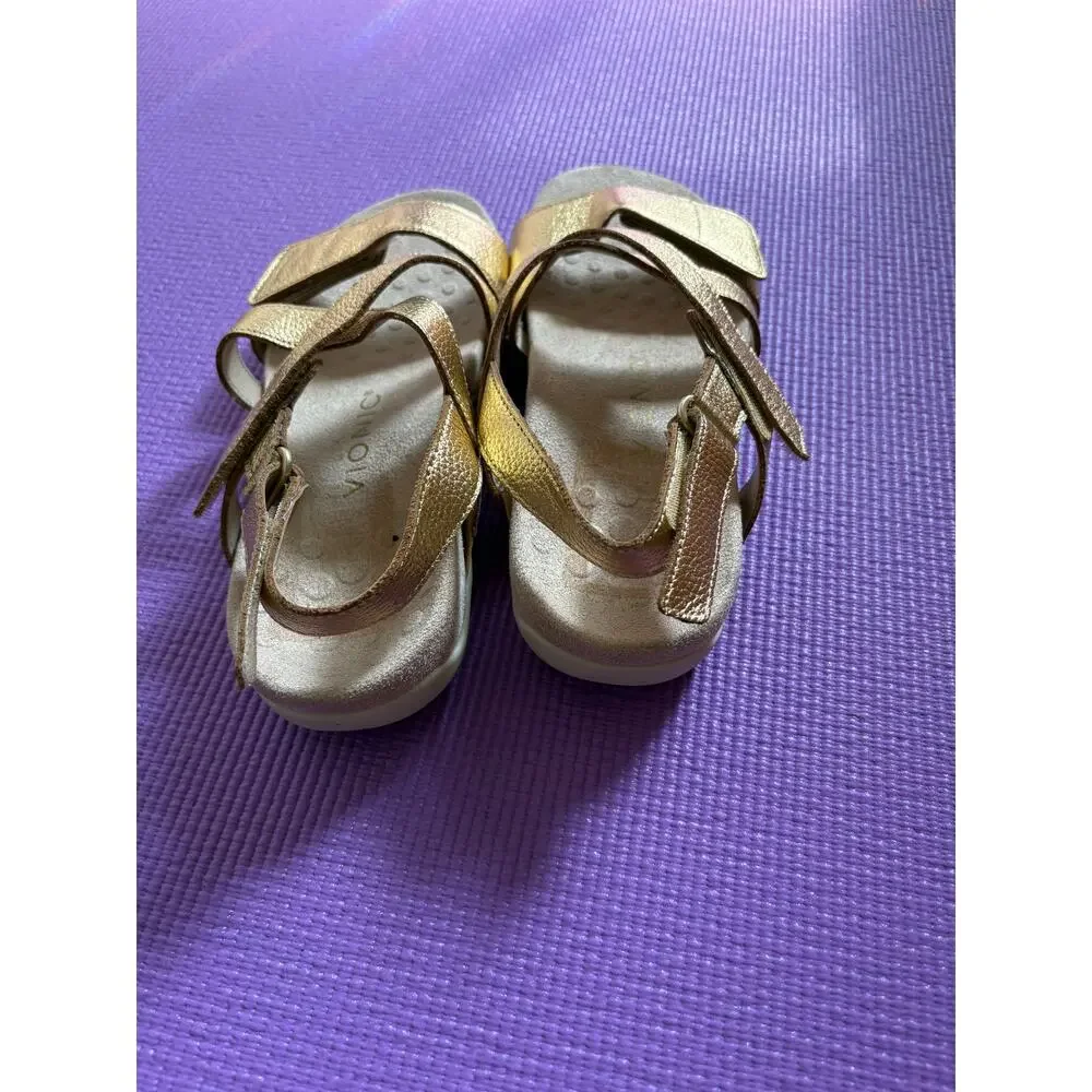 New Vionic Raya Gold Metallic Leather Orthotic Backstrap Sandals Womens Size 6